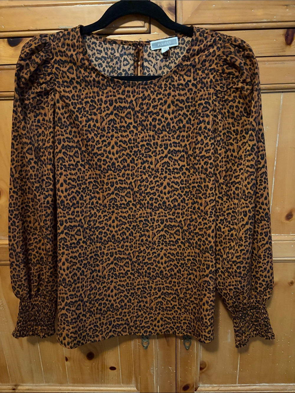 Pleione Rust Brown Leopard-Print Long Sleeve Blouse